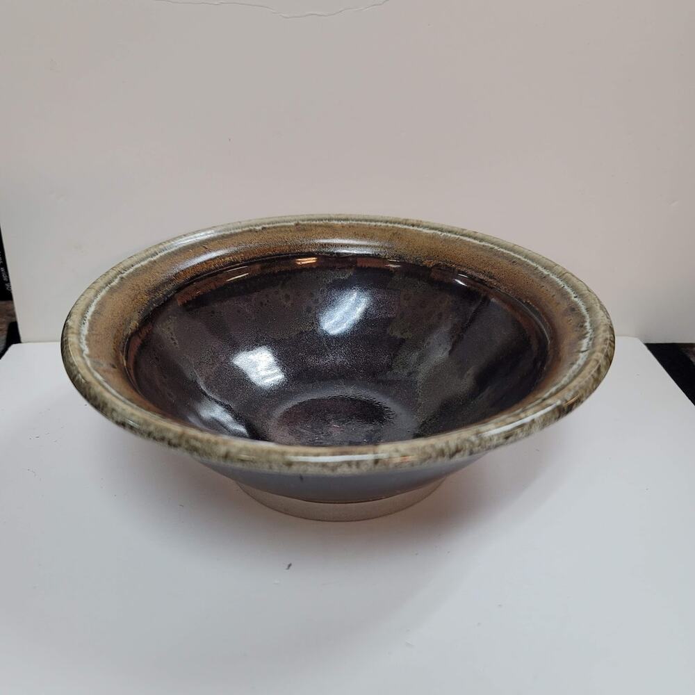 Handmade pottery bown rim brown Signed Salt Glazed Dripware Art Earth tones 8"